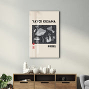 Glass wall art featuring monochrome mushrooms in Yayoi Kusama’s Japanese pop art style by Artdesigna.