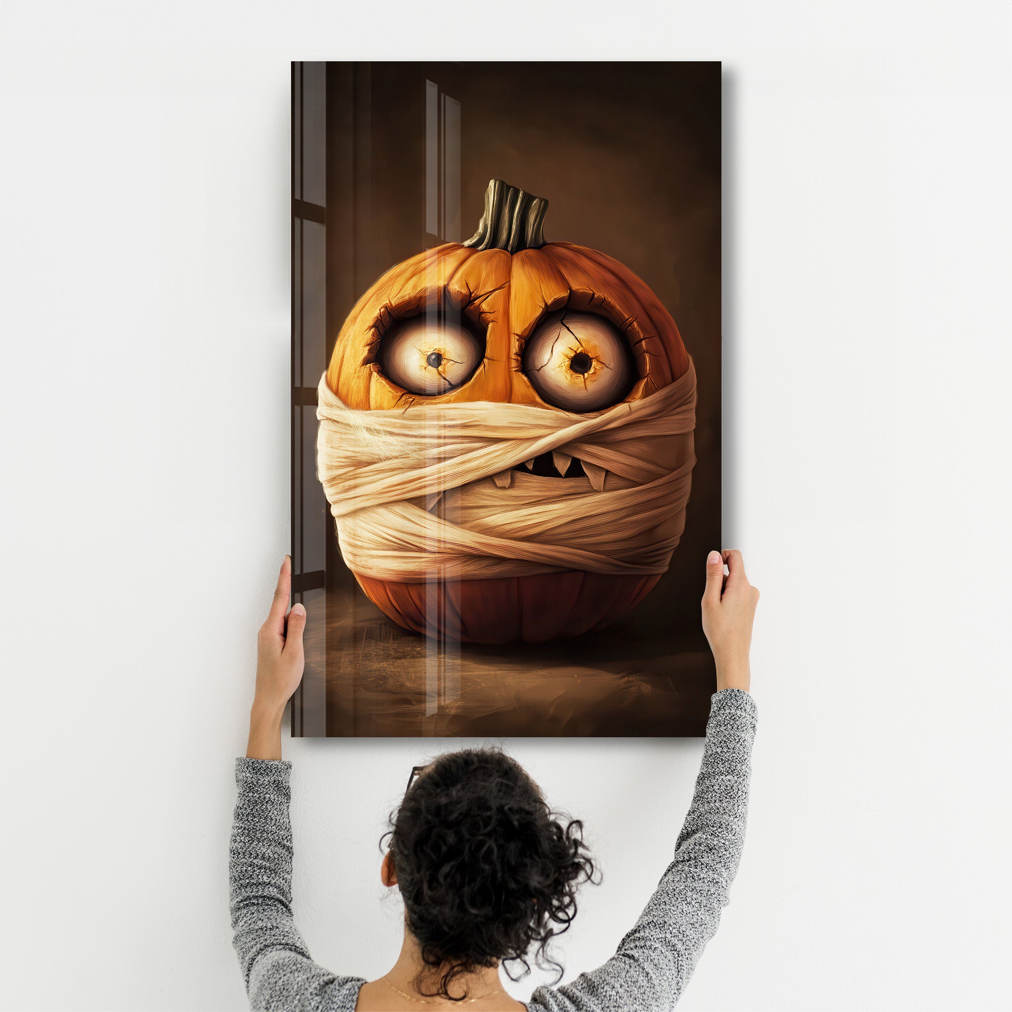 Pumpkin Mummy Mischief | Halloween Glass Wall Art - Artdesigna