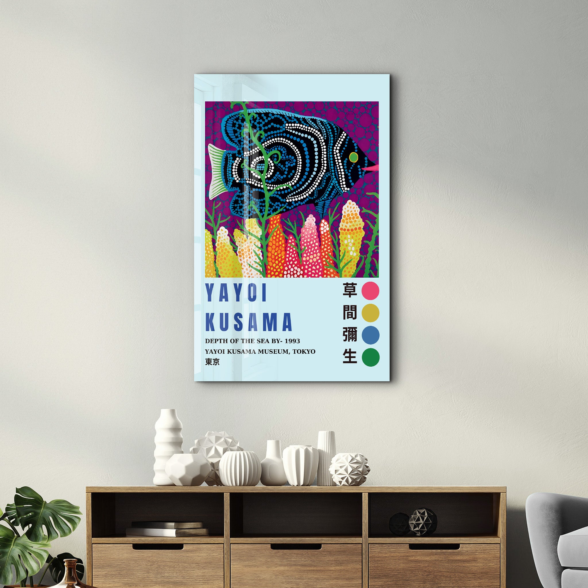 Yayoi Kusama Depth of the Sea Japanese pop art glass wall art by Artdesigna showcasing vibrant sea-inspired patterns and glass craftsmanship.