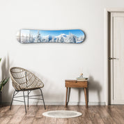 Snowy alpine landscape glass wall art by Artdesigna featuring a winter mountain scene on a sleek glass panel.