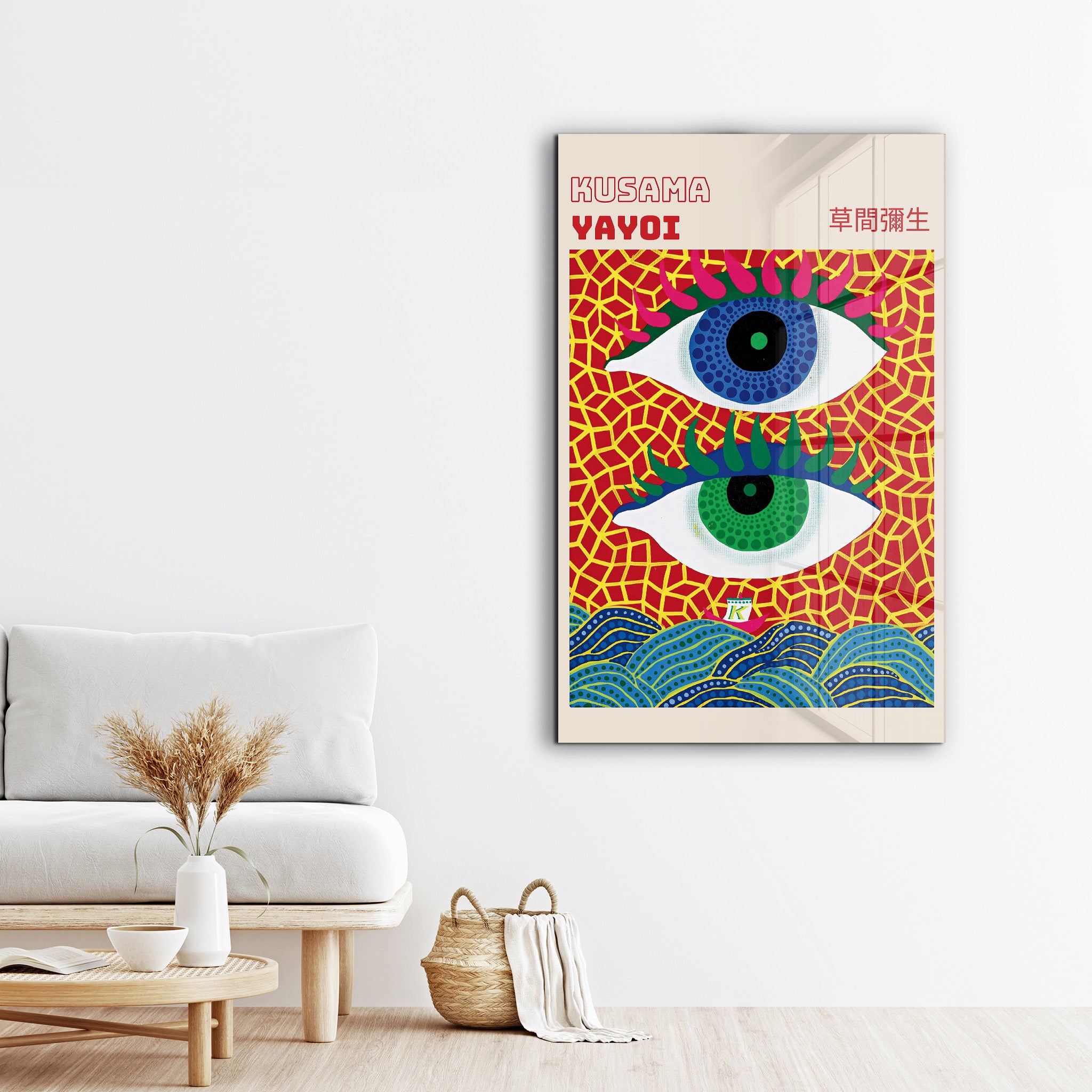 Yayoi Kusama Double Eye Japanese Pop Art glass wall art by Artdesigna, featuring vibrant, colorful eye-inspired design on clear glass.
