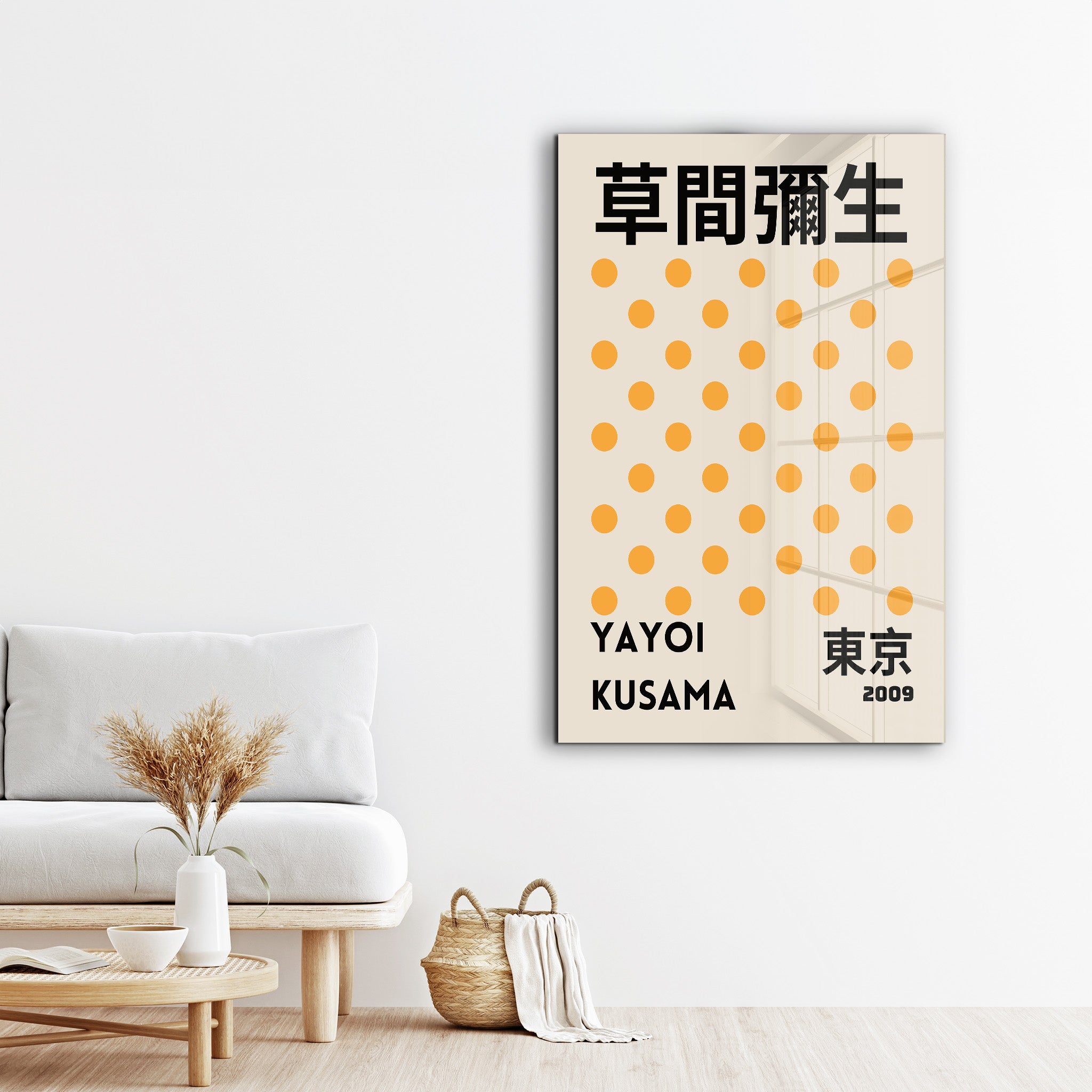 Yellow polka dot glass wall art by Yayoi Kusama, featuring vibrant Japanese pop art design from Artdesigna.