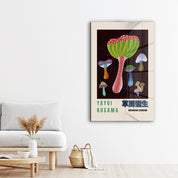 Colorful Yayoi Kusama mushrooms glass wall art by Artdesigna featuring vibrant Japanese pop art design on transparent glass.