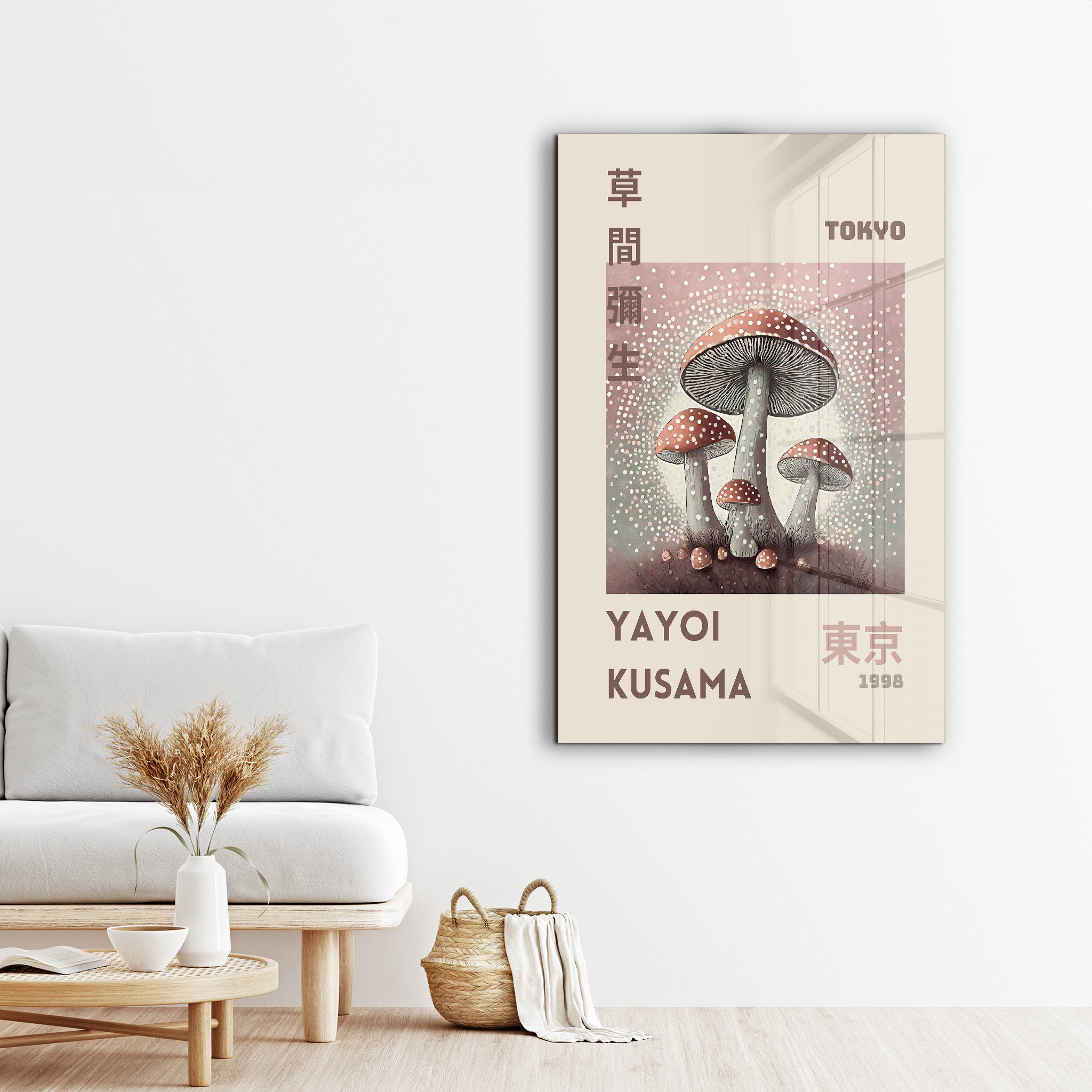 Yayoi Kusama mushroom poster Japanese pop art glass wall art by Artdesigna, features vibrant mushroom design on clear glass background.