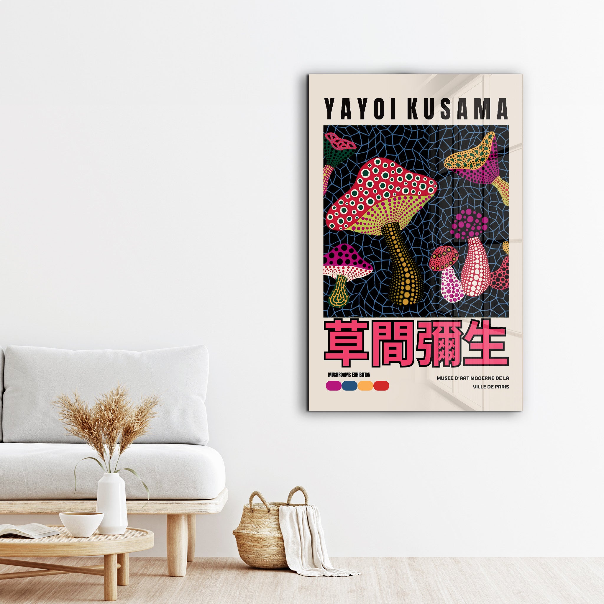 Pink Mushrooms glass wall art by Artdesigna featuring Yayoi Kusama's Japanese pop art style with vibrant pink mushroom designs.