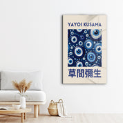 Blue eye Japanese pop art glass wall art by Artdesigna featuring vibrant colors and intricate design, inspired by Yayoi Kusama.