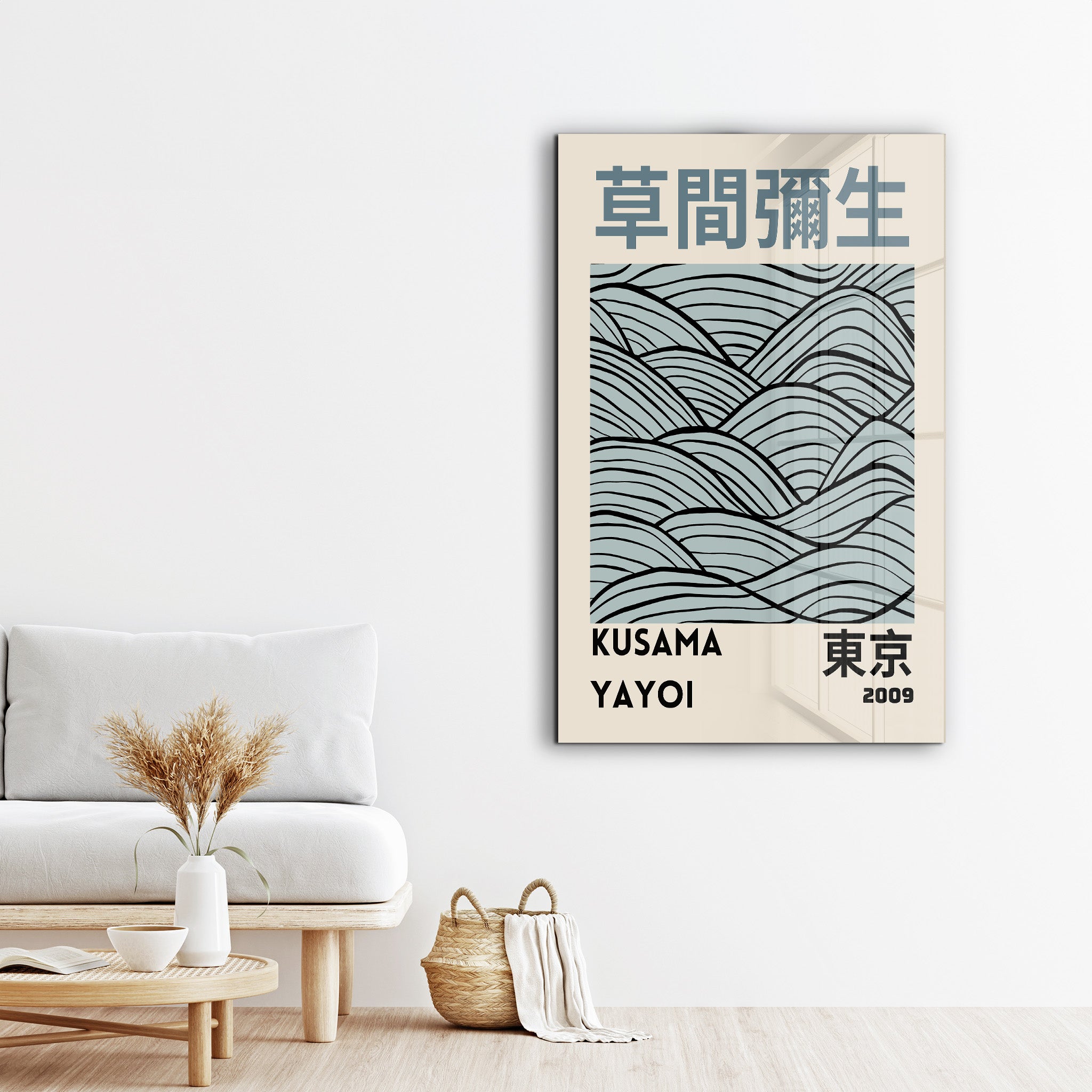 Japanese pop art glass wall art by Artdesigna featuring Yayoi Kusama's minimal wave design, vibrant colors and abstract patterns.