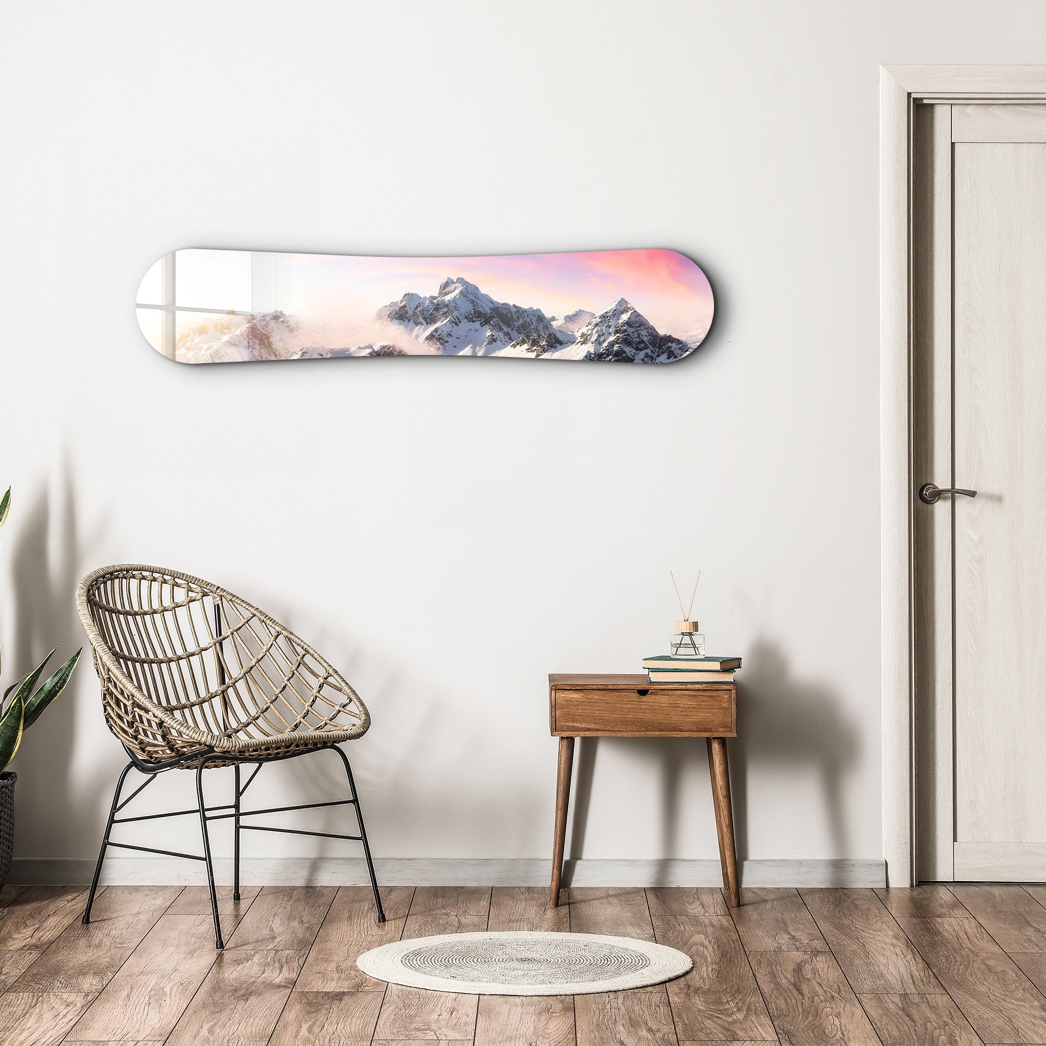 Sunrise Alpine Peaks | Snowboard Glass Wall Art – Artdesigna