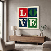 Love Blocks retro square typography art glass wall art by Artdesigna featuring bold, colorful love-themed lettering on a clear glass panel.
