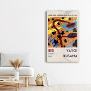 Yayoi Kusama floral butterflies glass wall art by Artdesigna featuring vibrant pop art design on clear glass surface.