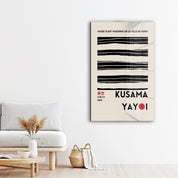 Yayoi Kusama minimalist black lines Japanese pop art glass wall art by Artdesigna featuring abstract geometric design