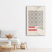 Japanese pop art glass wall art featuring Yayoi Kusama monochrome pattern by Artdesigna, showcasing bold black and white designs.