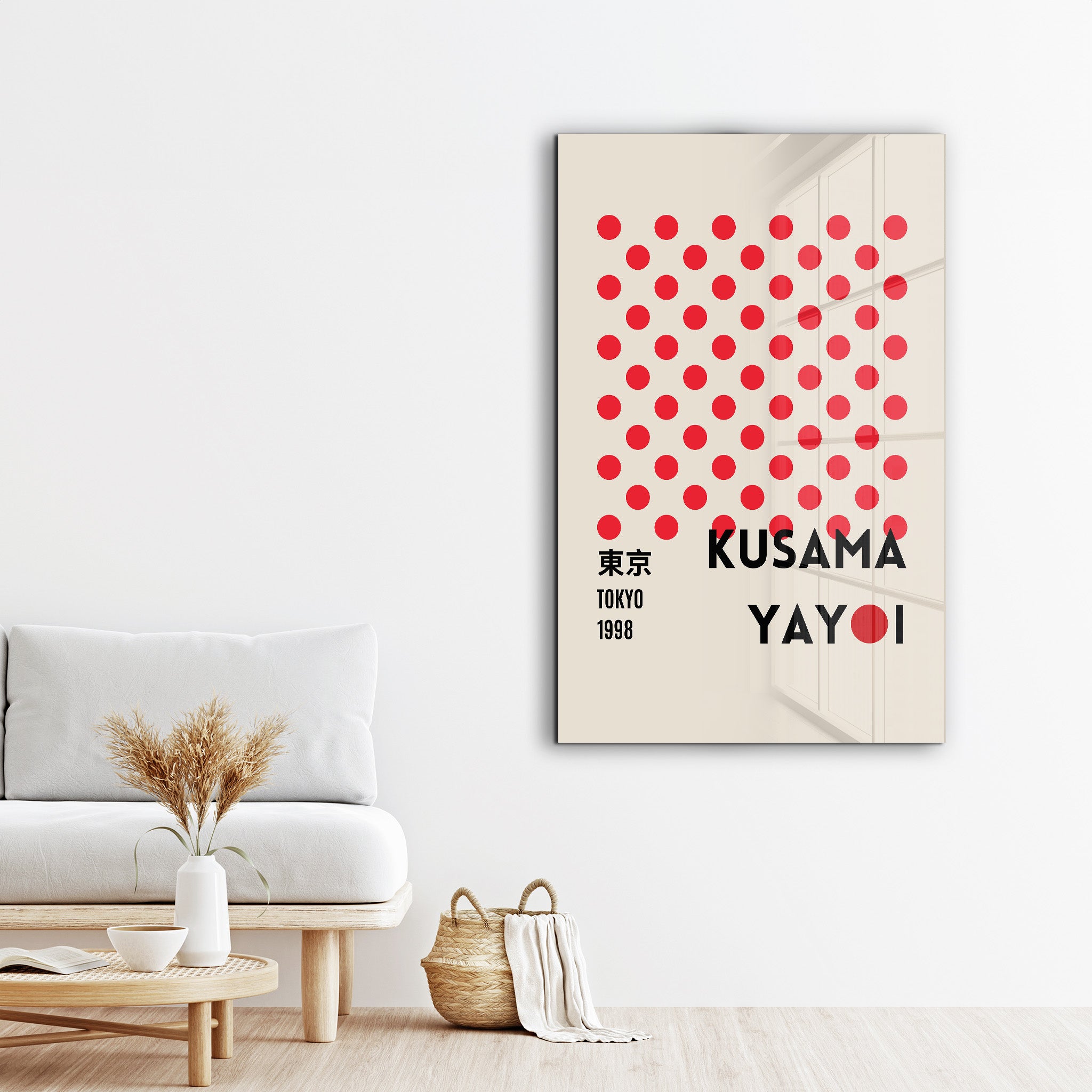 Red Dots Tokyo 1998 glass wall art by Artdesigna featuring Yayoi Kusama's signature Japanese pop art design.