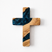 Handmade olive wood and artistic resin wall cross, natural wood grain with colorful resin accents, wall art decor from Artdesigna.
