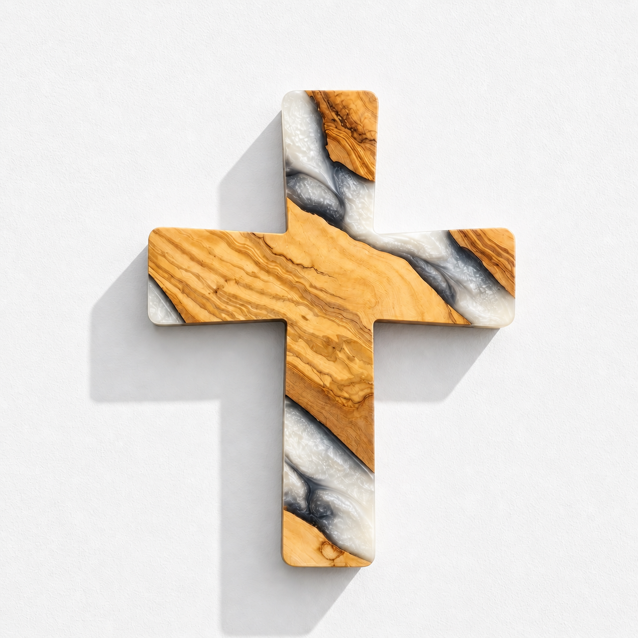 Handmade olive wood and artistic resin wall cross, crafted as decorative wood wall art by Artdesigna.