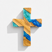 Handmade olive wood and artistic resin wall cross, wood wall art by Artdesigna featuring natural wood grain and colorful resin accents.