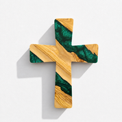 Handmade olive wood and artistic resin wall cross, a natural wood wall art piece with intricate resin design by Artdesigna.