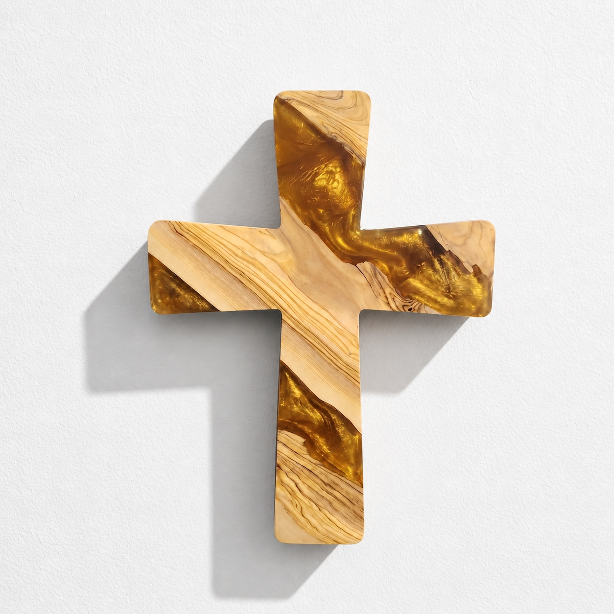 Handmade olive wood and artistic resin wall cross, wood wall art by Artdesigna with detailed natural wood grain and colorful resin accents.