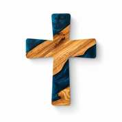 Handmade olive wood and artistic resin wall cross, decorative wood wall art with intricate design from Artdesigna.