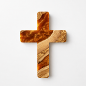 Handmade olive wood and artistic resin wall cross, decorative wood wall art by Artdesigna, showcasing intricate craftsmanship and natural materials.