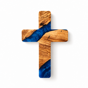 Handmade olive wood and artistic resin wall cross, decorative wood wall art with intricate design from Artdesigna.