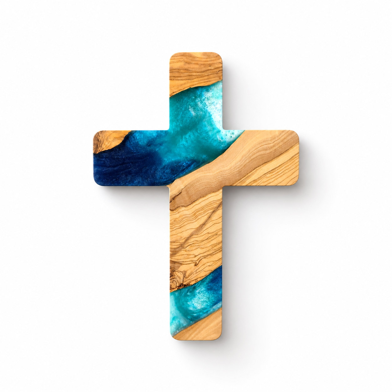 Handmade olive wood and artistic resin wall cross, decorative wood wall art by Artdesigna featuring intricate natural design.