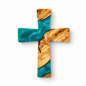 Handmade olive wood and artistic resin wall cross, decorative wood wall art by Artdesigna featuring natural and artistic design.