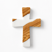Handmade olive wood and artistic resin wall cross, a natural wood wall art piece with intricate resin details, suitable for home decor.