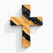 Handmade olive wood and artistic resin wall cross, a natural wood wall art piece with intricate resin details by Artdesigna.