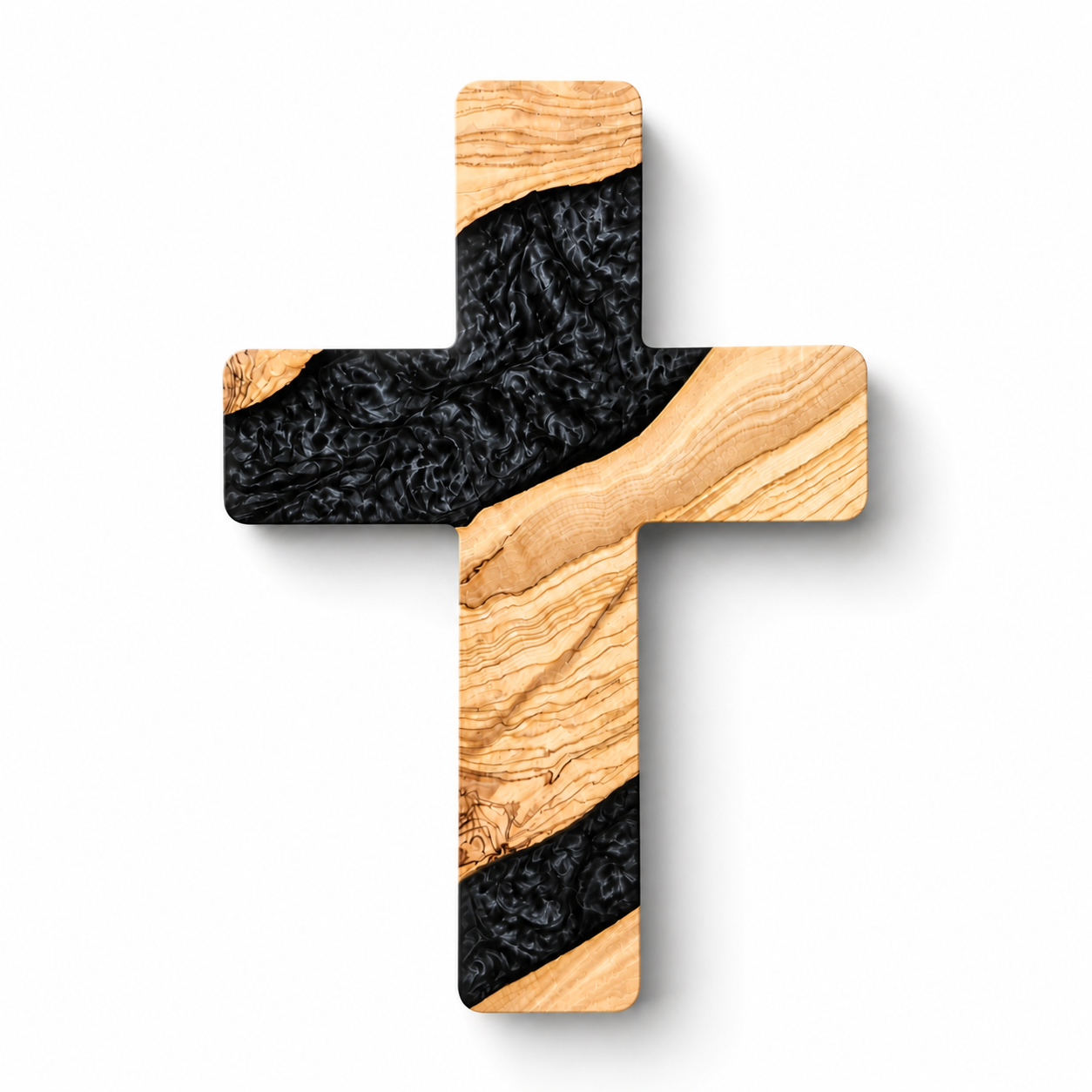 Handmade olive wood and artistic resin wall cross, decorative wood wall art piece with intricate design and natural textures.