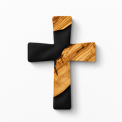 Handmade olive wood and artistic resin wall cross, decorative wood wall art by Artdesigna featuring intricate craftsmanship and natural materials.