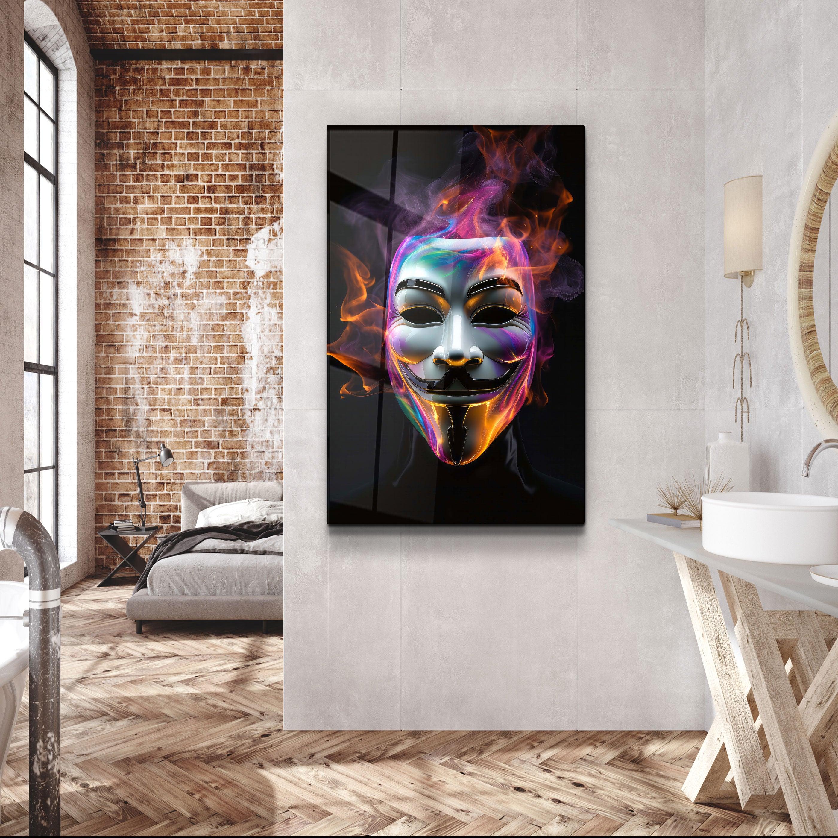 Salvador Mask with Neon Smokes | Designers Collection Glass Wall Art - ArtDesigna Glass Printing Wall Art