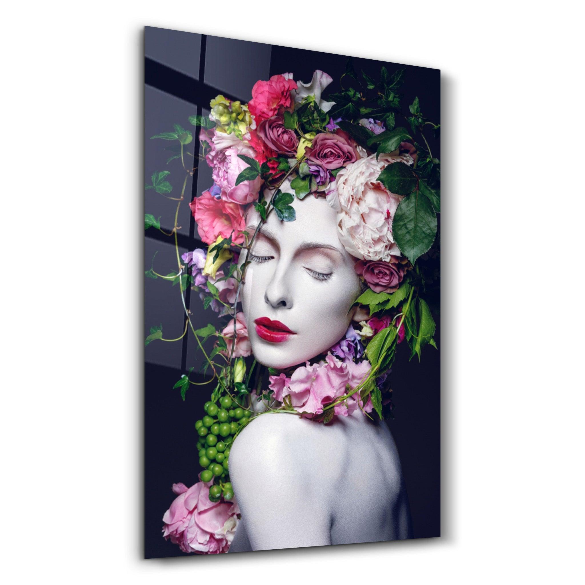 Floral Woman Portrait | Glass Wall Art - ArtDesigna Glass Printing Wall Art