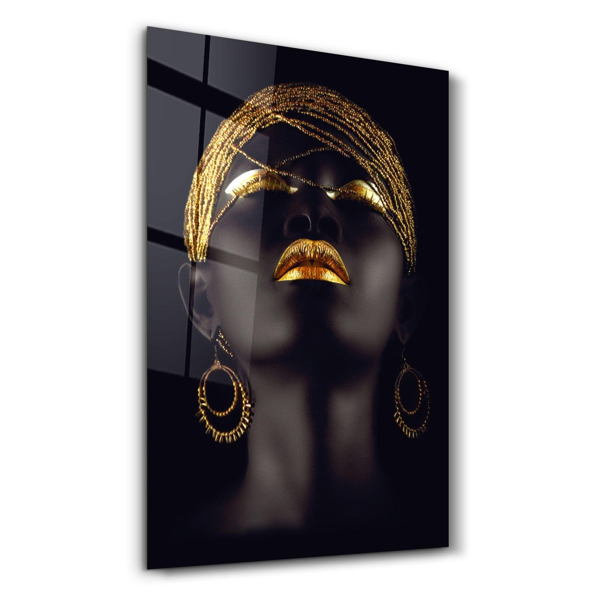 Golden Lips Woman Portrait V2 | Glass Wall Art - ArtDesigna Glass Printing Wall Art