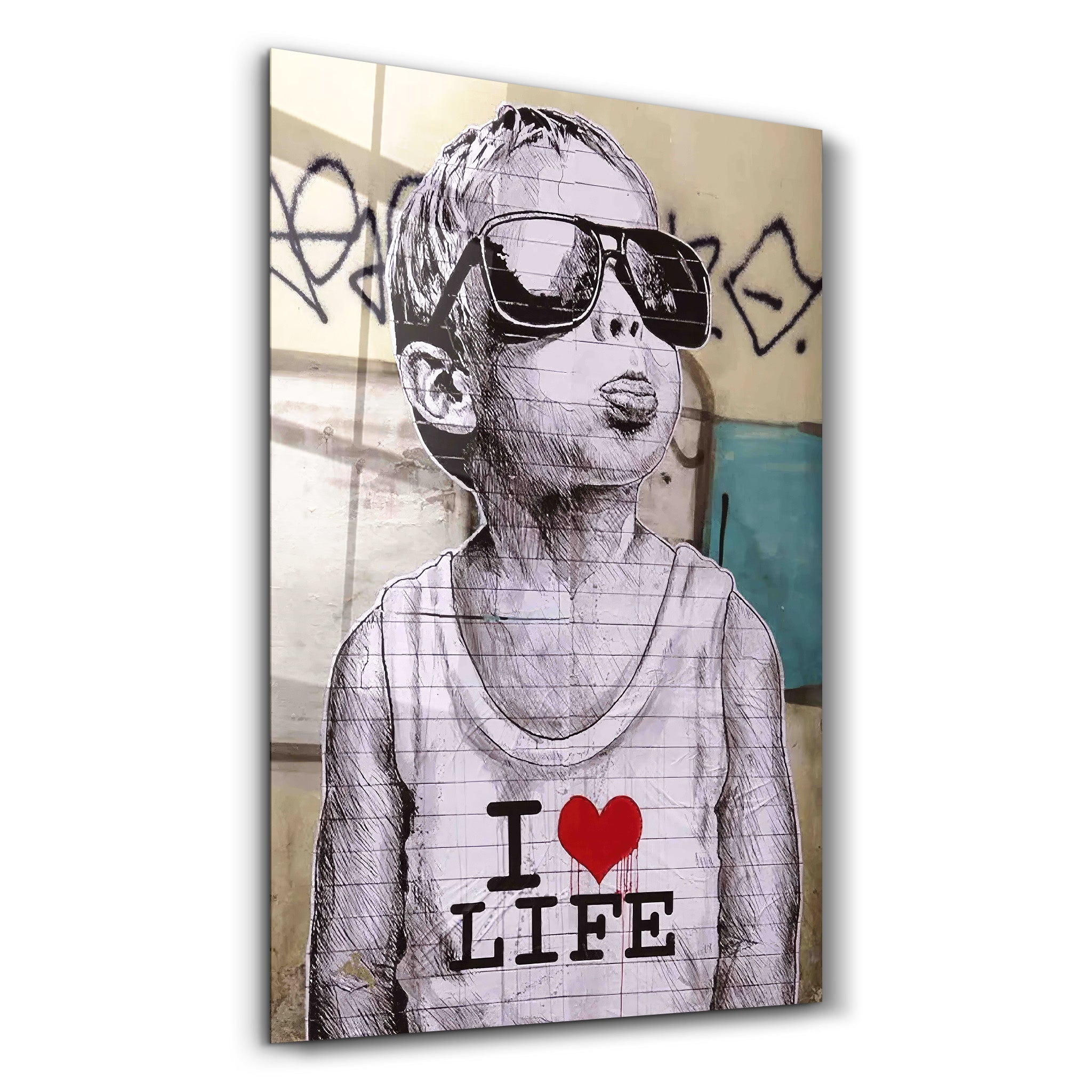 Banksy - I LOVE LIFE | Designer's Collection Glass Wall Art - ArtDesigna Glass Printing Wall Art