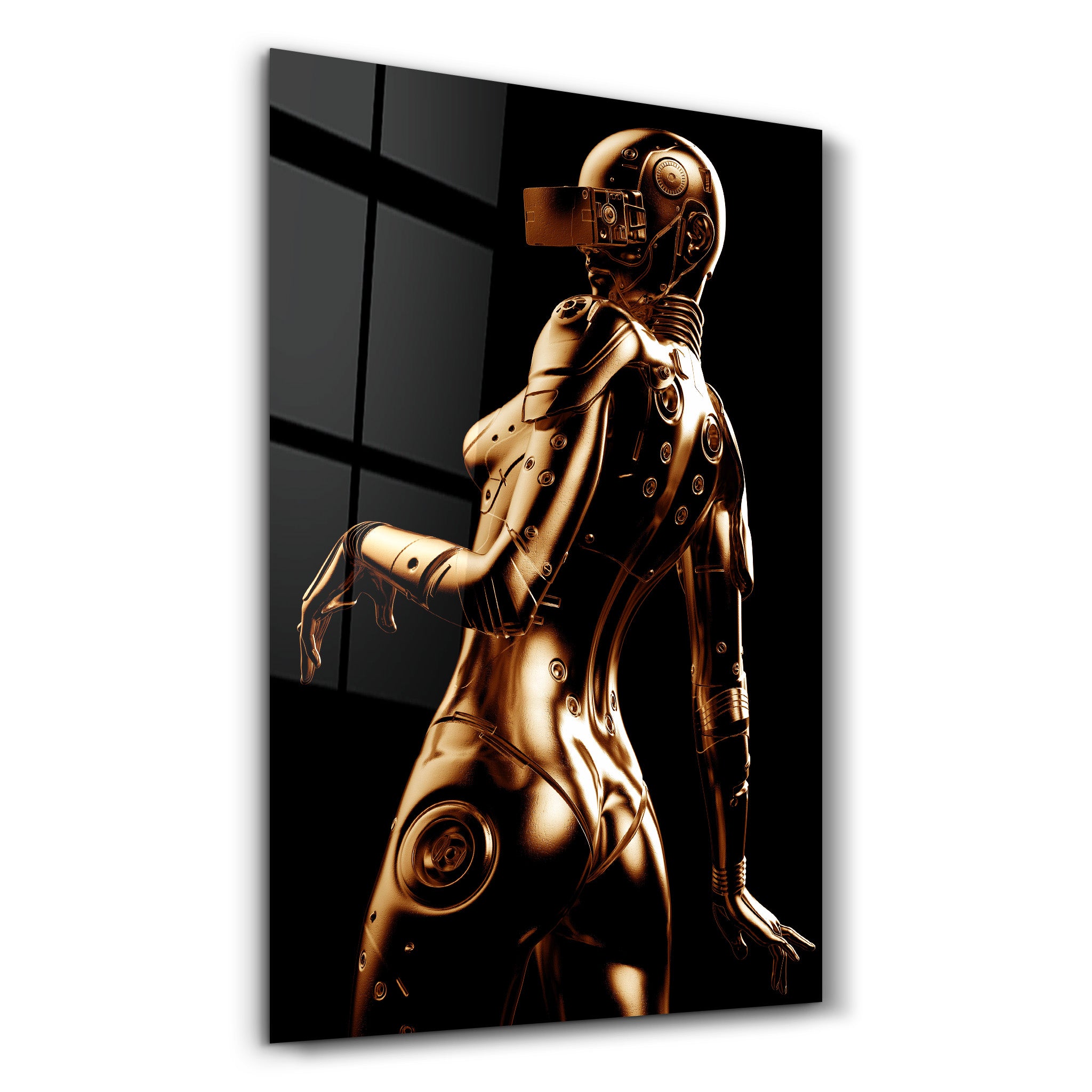 ・"Robo Girl Gold"・Designer's Collection Glass Wall Art - ArtDesigna Glass Printing Wall Art