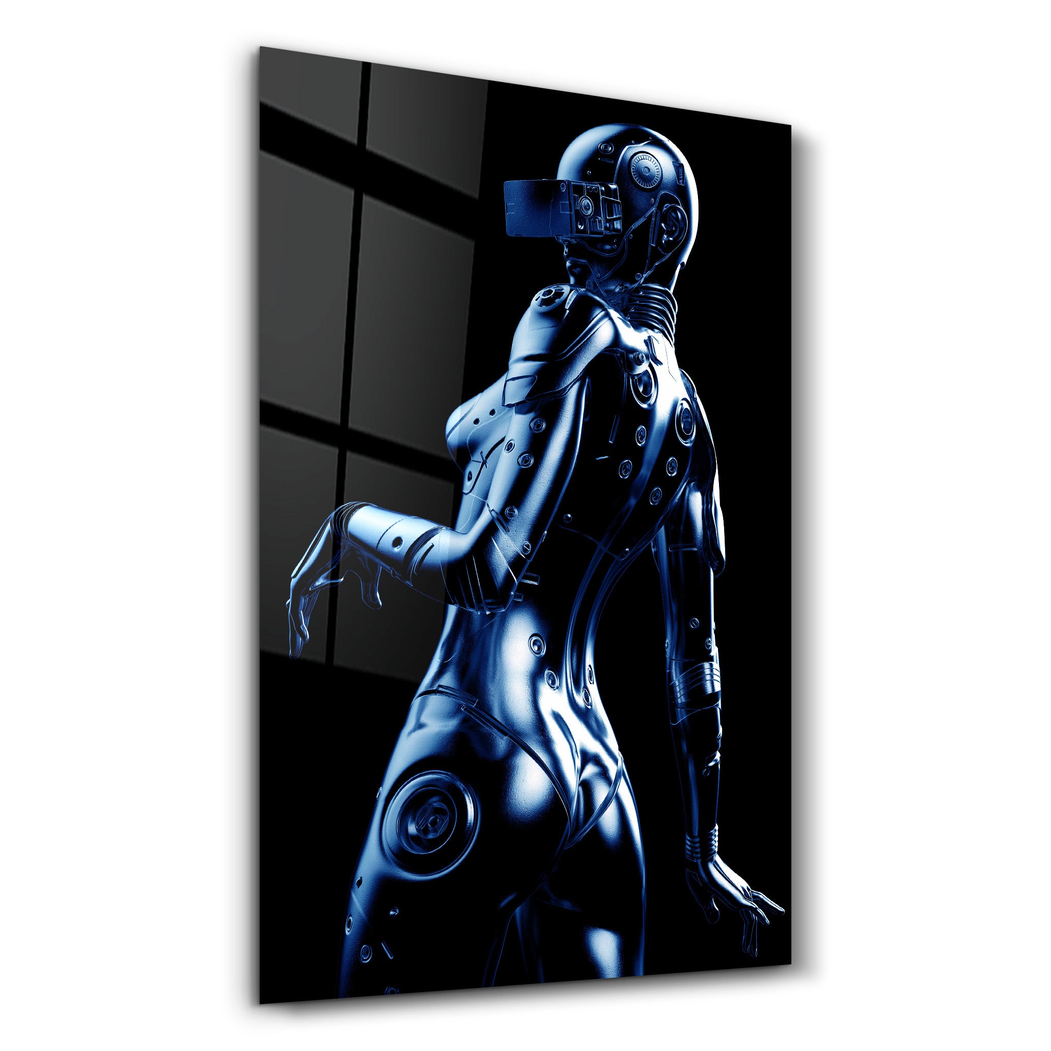 ・"Steel Robot Girl in Blue"・Designer's Collection Glass Wall Art - ArtDesigna Glass Printing Wall Art