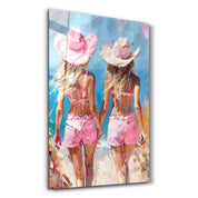 Pink CowGirls On the Beach - Glass Wall Art