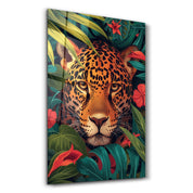 Leopard and Tropical Flowers - Glass Wall Art - Artdesigna