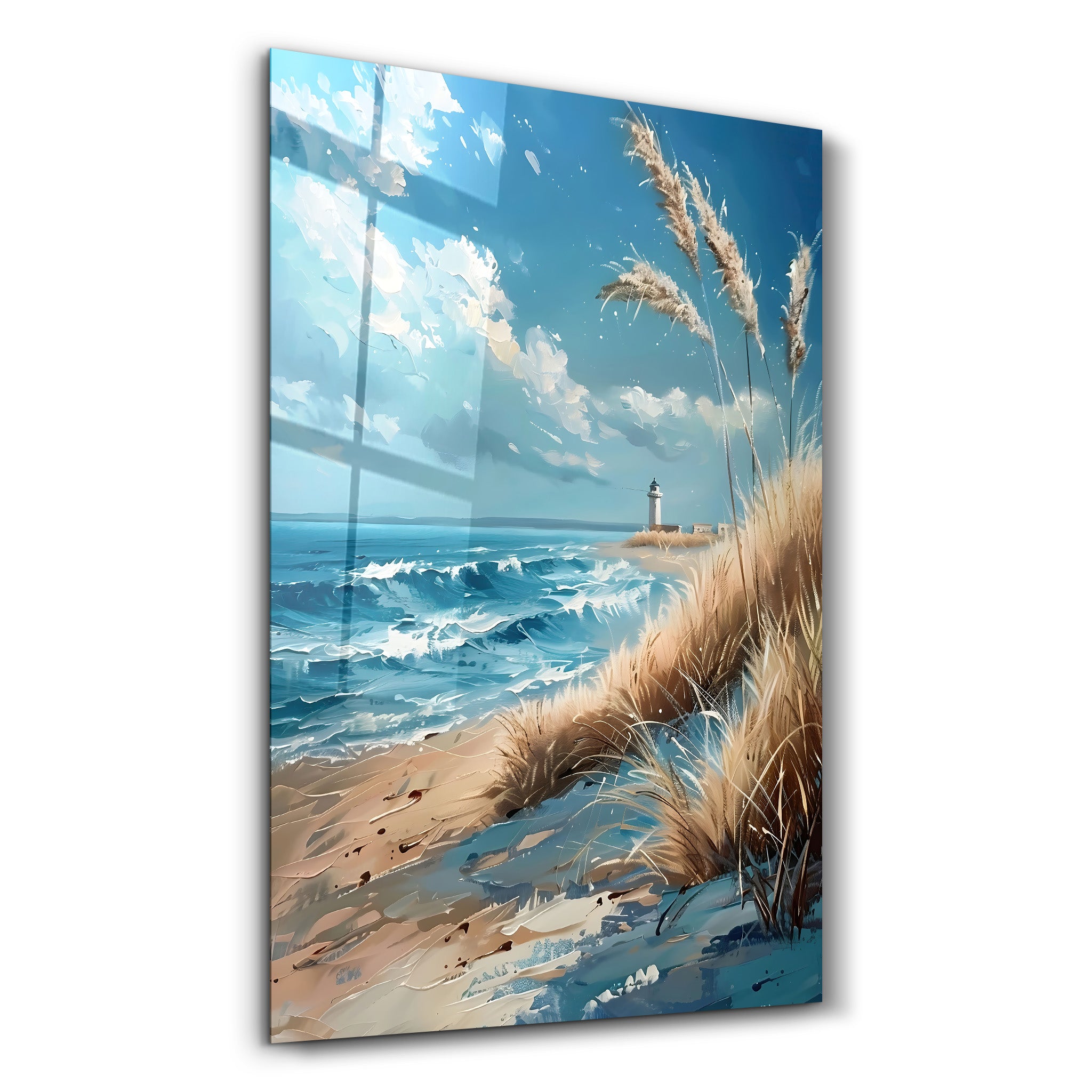 Lighthouse and Beach Oil Painting - Glass Wall Art