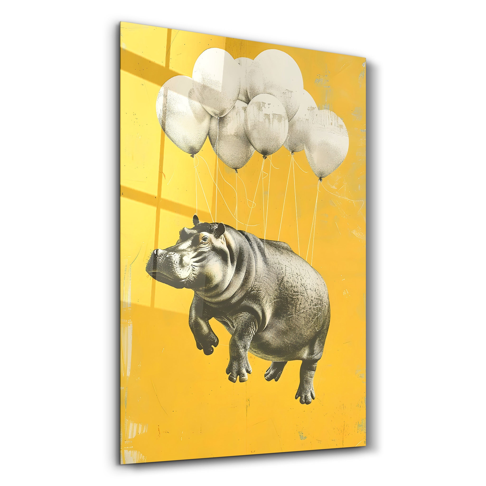 Hippo Rising with Balloons - Glass Wall Art - Artdesigna