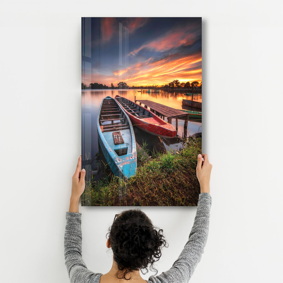 ・"Longboats With Sunset"・Glass Wall Art - ArtDesigna Glass Printing Wall Art