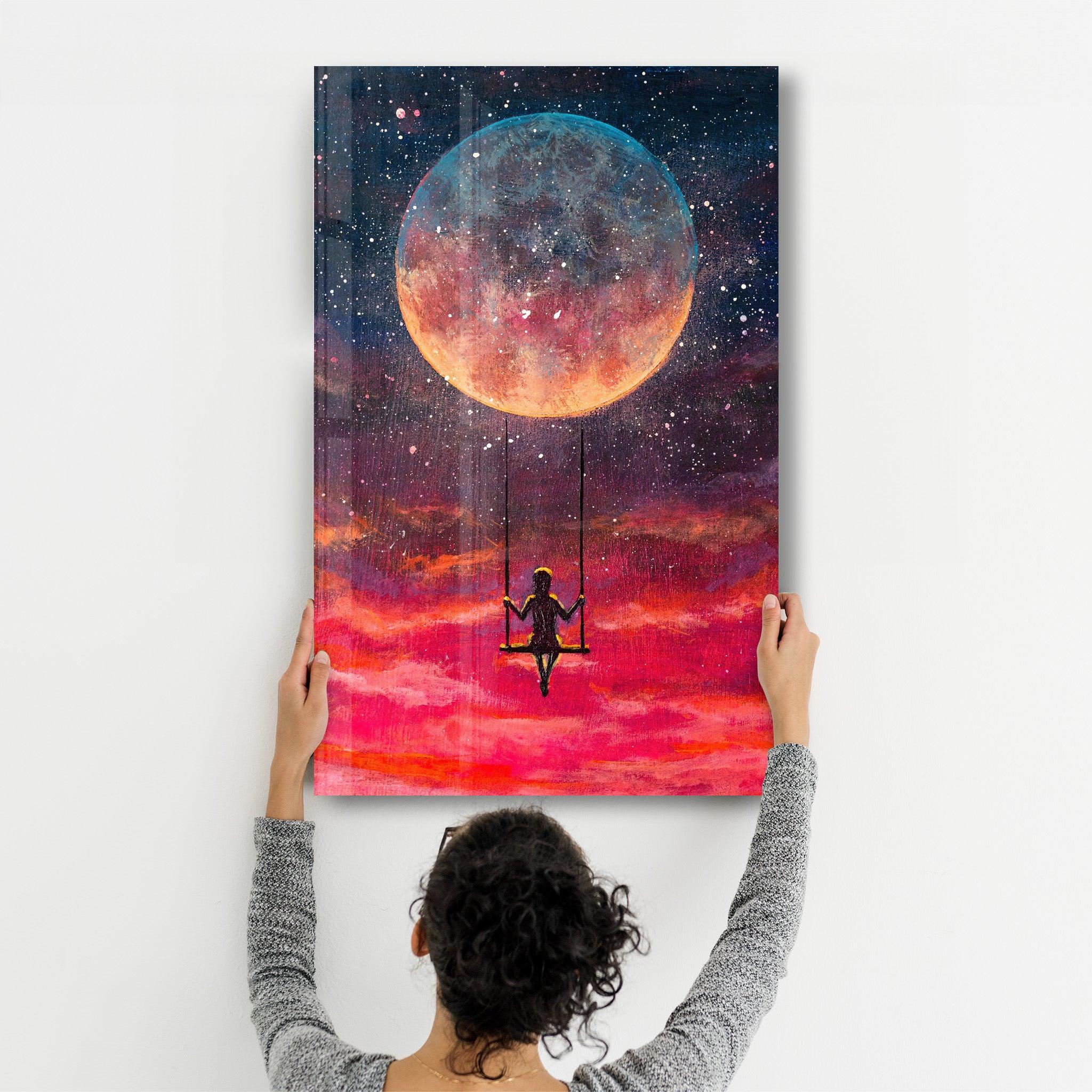 Girl Swinging Under The Moon | Glass Wall Art - ArtDesigna Glass Printing Wall Art