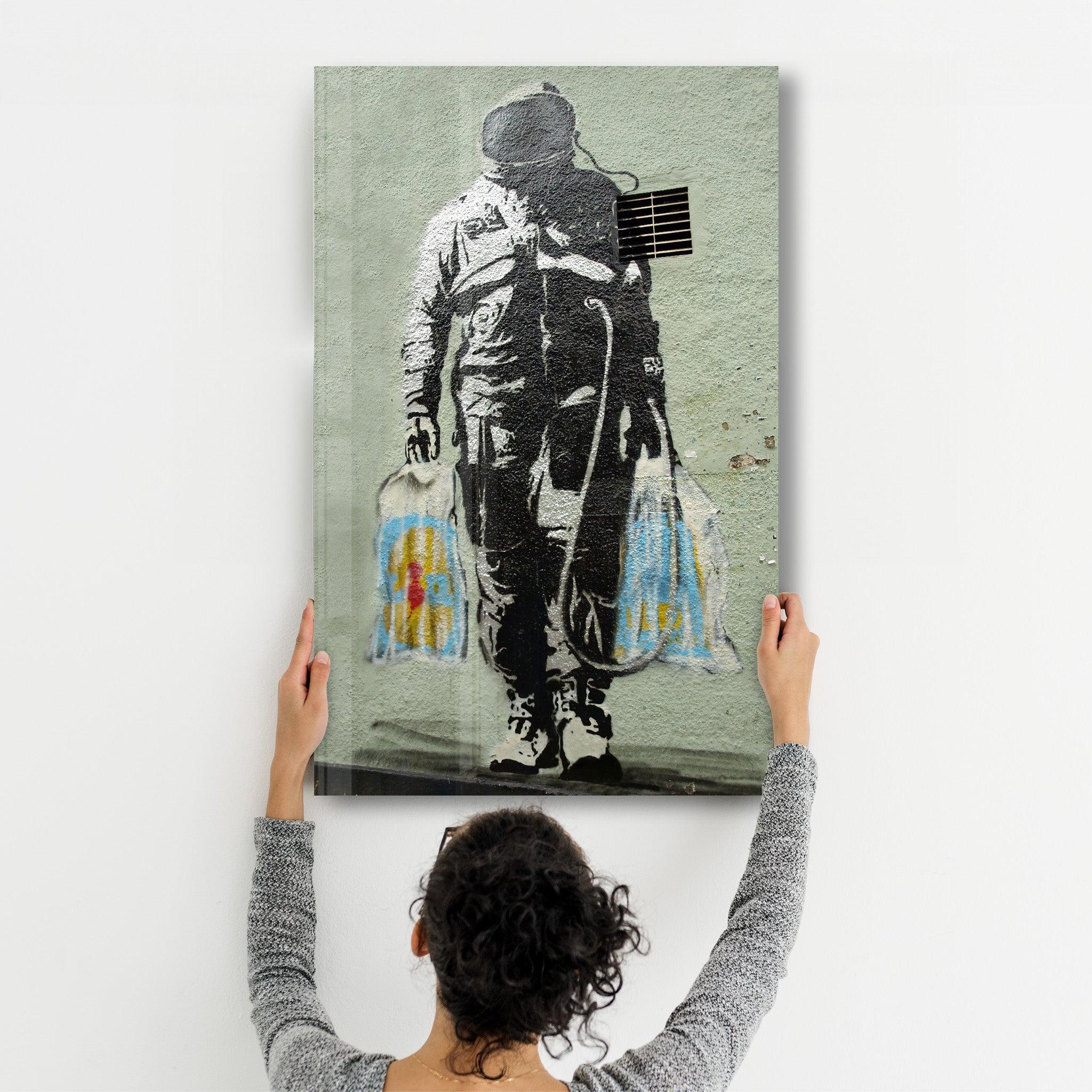 Banksy - Shopper Spaceman | Glass Wall Art - ArtDesigna Glass Printing Wall Art