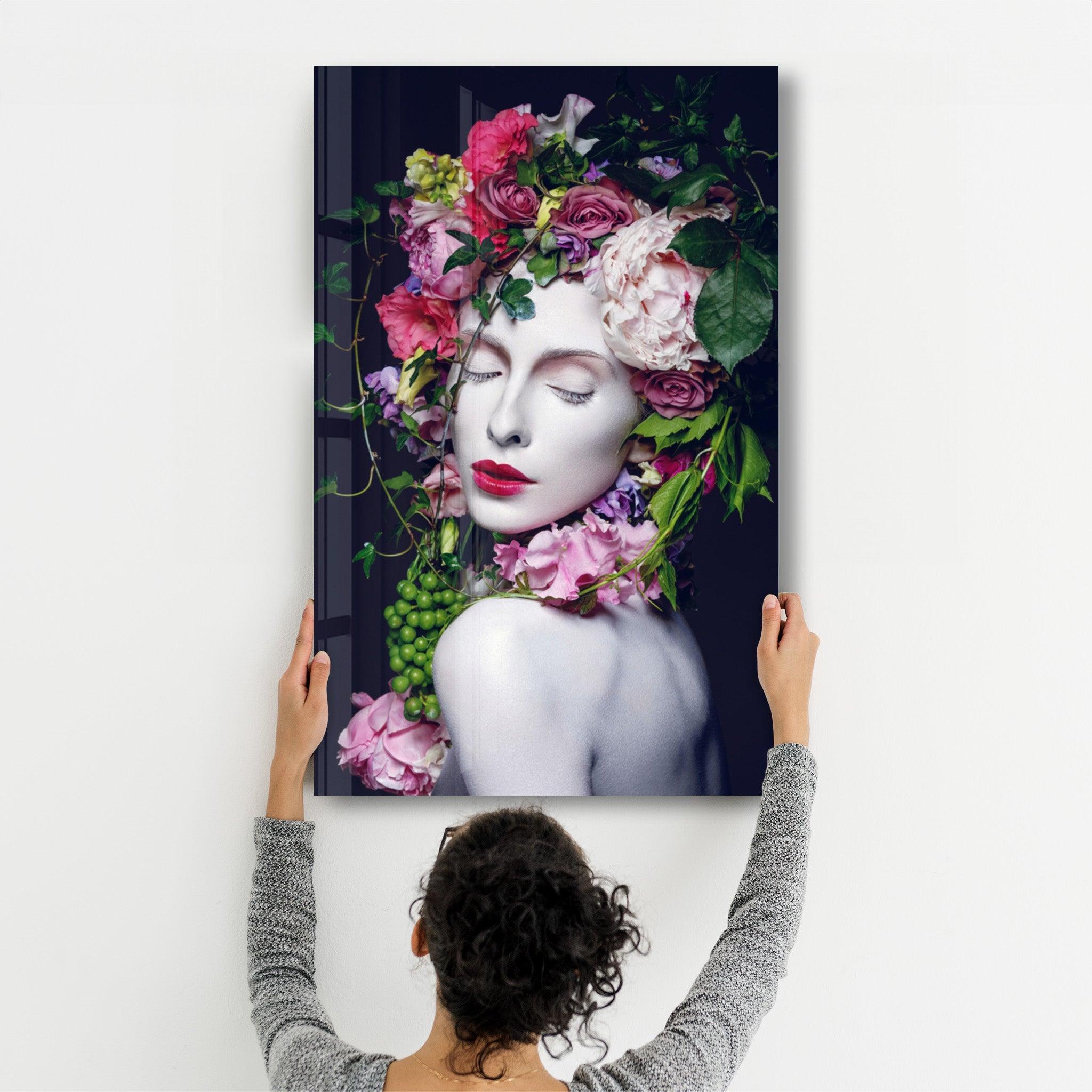 Floral Woman Portrait | Glass Wall Art - ArtDesigna Glass Printing Wall Art