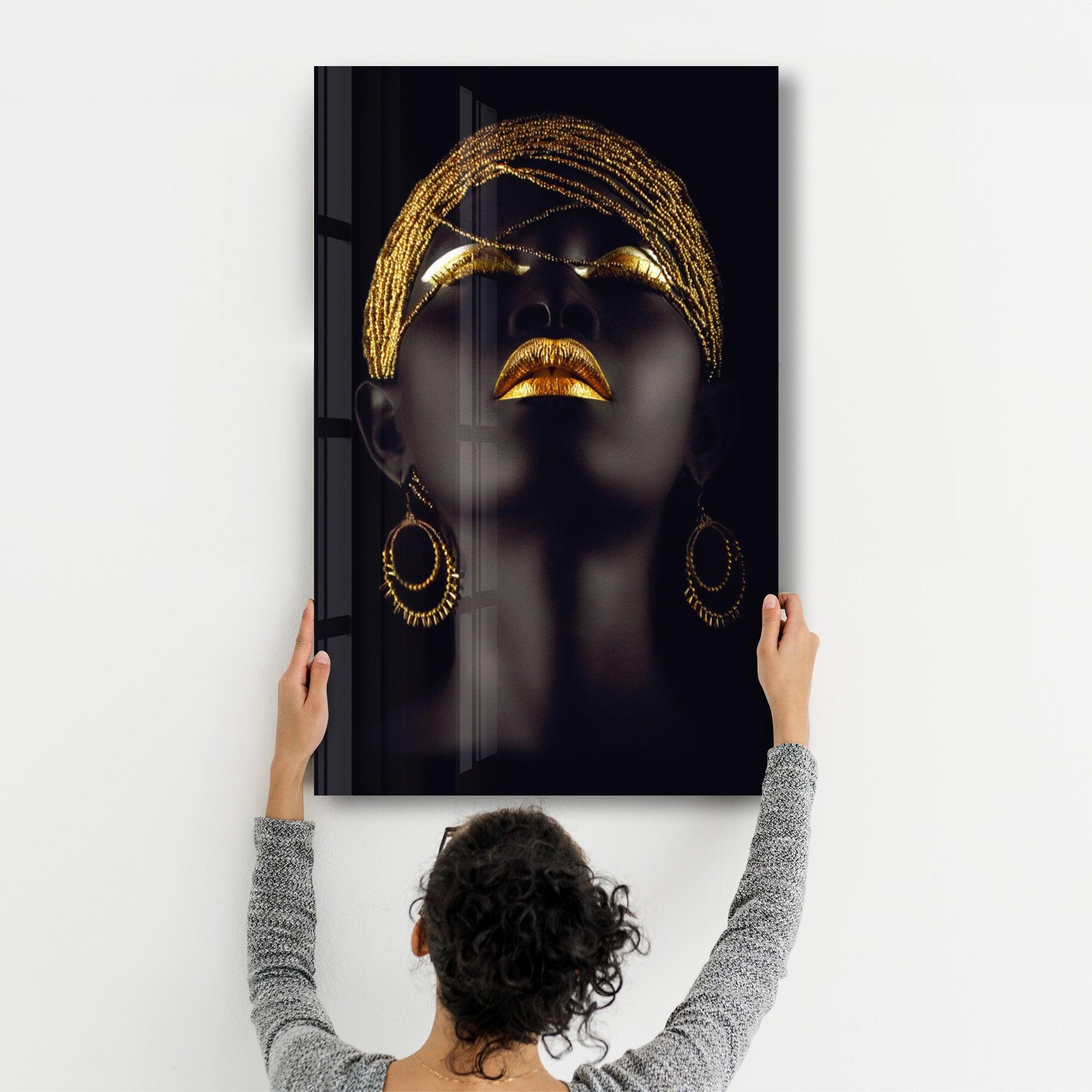 Golden Lips Woman Portrait V2 | Glass Wall Art - ArtDesigna Glass Printing Wall Art