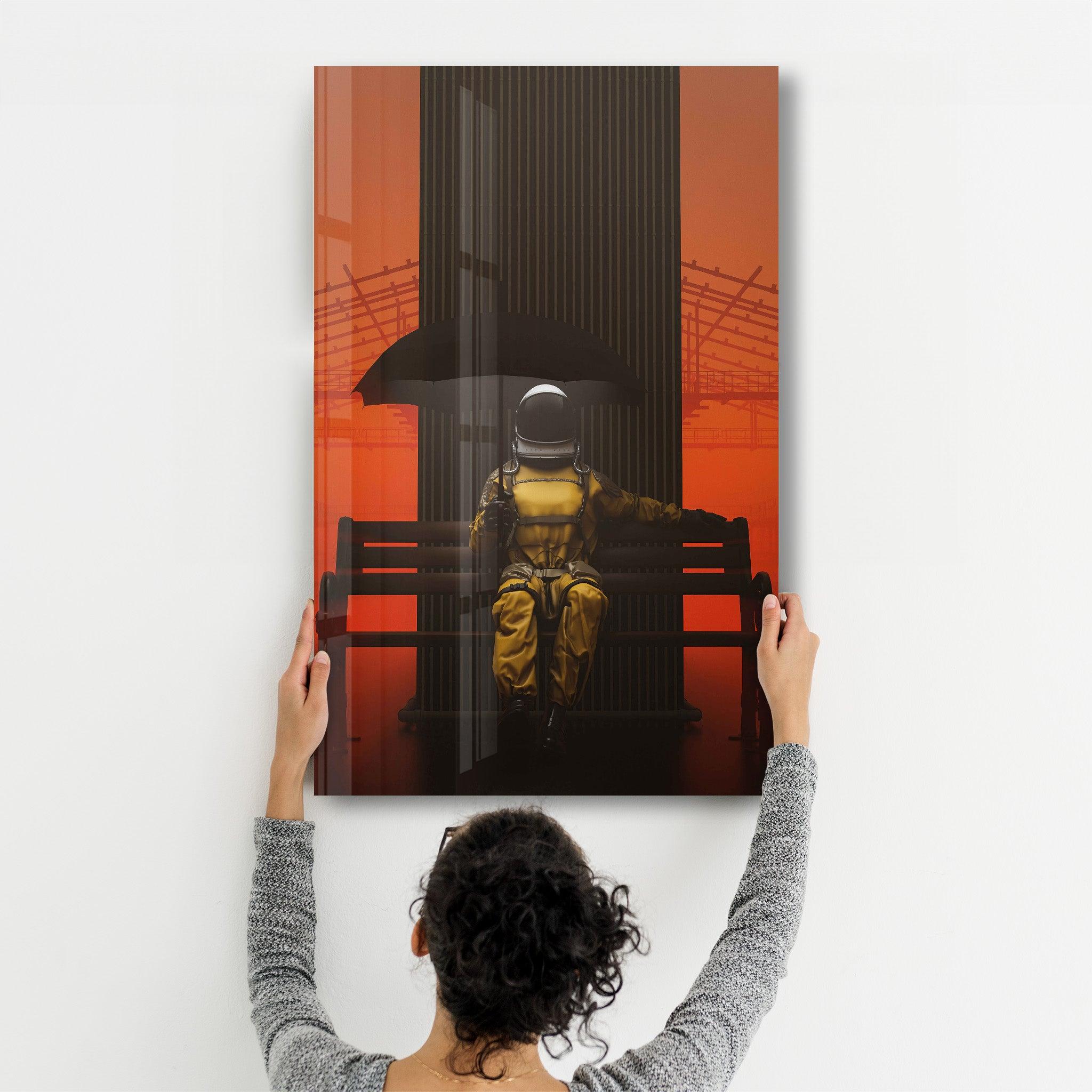 Astronaut on the Bench | Designer's Collection Glass Wall Art - ArtDesigna Glass Printing Wall Art