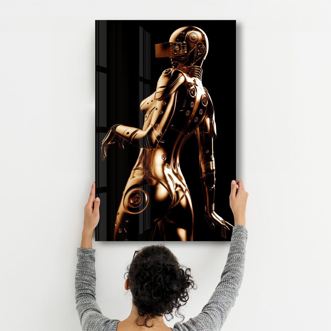 ・"Robo Girl Gold"・Designer's Collection Glass Wall Art - ArtDesigna Glass Printing Wall Art