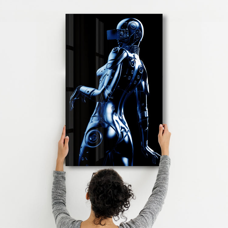・"Steel Robot Girl in Blue"・Designer's Collection Glass Wall Art - ArtDesigna Glass Printing Wall Art
