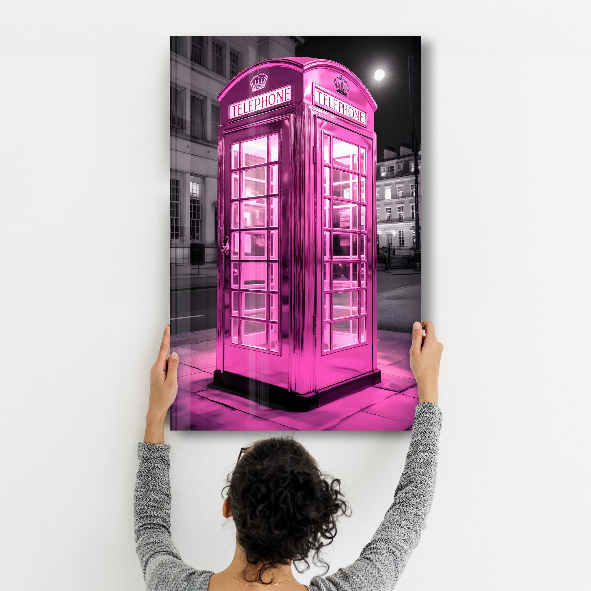 Pink Retro Telephone Booth - Glass Wall Art